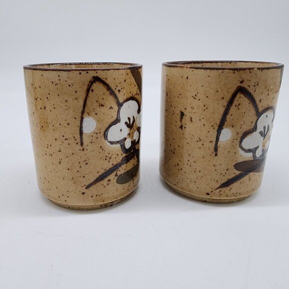 Vintage Handmade Speckled Ceramic Mugs With Floral Design & Japan Mark - Picture 2 of 6